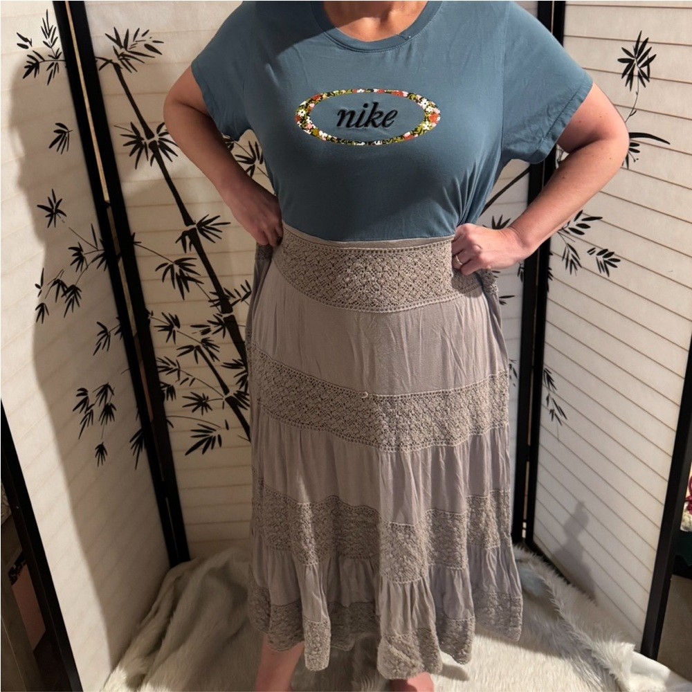 Nike Cream Tan Smocked Tiered Maxi Skirt Handmade Tshirt Dress